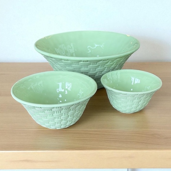 Pfaltzgraff Mint Green Woven Nesting Bowls Set of 3 Serving Bowls Chips & Dip - Picture 1 of 11